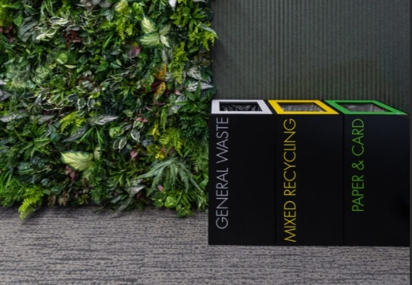 new office recycling bin in row of 3 in office with coloured tops and lettering