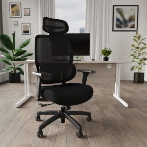 black mesh office chair in office in front of white office desk