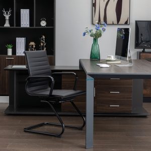 black leather visitor chair with black cantilever frame
