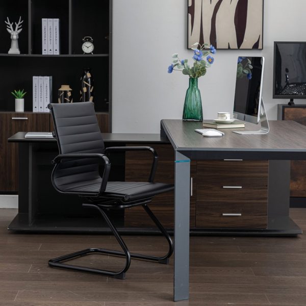 black leather visitor chair with black cantilever frame