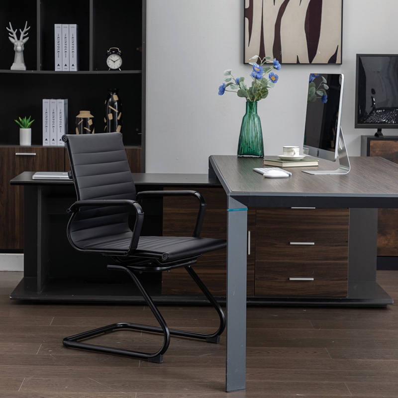 black leather visitor chair with black cantilever frame