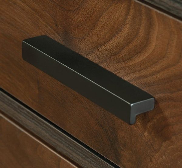 l shaped office desk close up of drawer handle