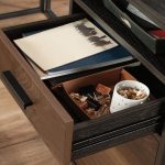 l shaped office desk close up of open drawer