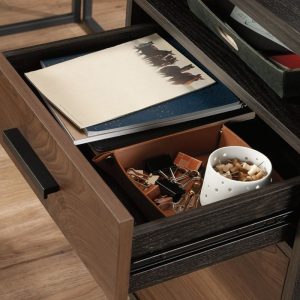 l shaped office desk close up of open drawer