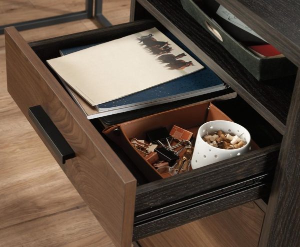 l shaped office desk close up of open drawer