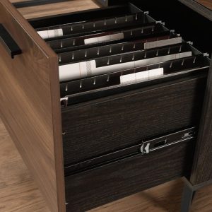l shaped home office desk close up of file drawer