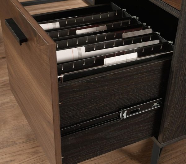 l shaped home office desk close up of file drawer