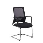 black visitor chair with mesh back and black fabric seat and chrome sled frame