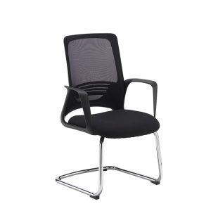 black visitor chair with mesh back and black fabric seat and chrome sled frame