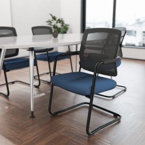 mesh back visitor chairs with blue fabric seat and black cantilever frame
