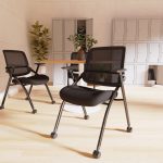 training chair with black mesh back and black fabric seat