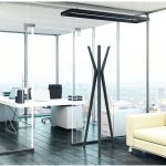 aluminium coat stands in office with city view