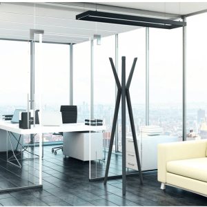 aluminium coat stands in office with city view
