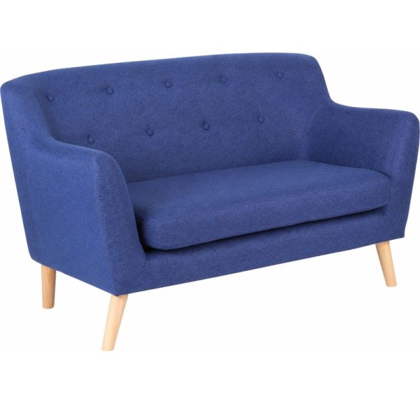 reception sofa blue fabric skandi style with wooden legs