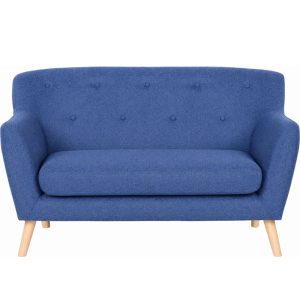 reception sofa blue fabric skandi style with wooden legs
