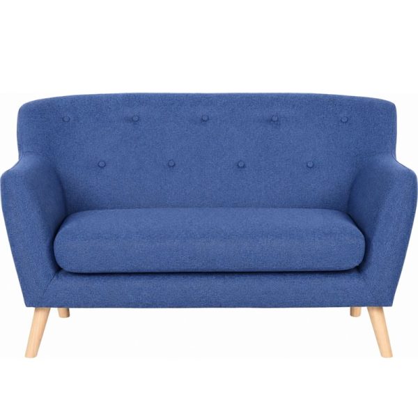 reception sofa blue fabric skandi style with wooden legs