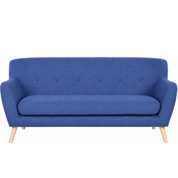 reception sofa blue fabric skandi style with wooden legs