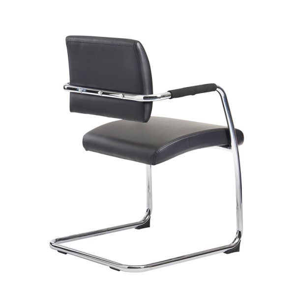 contemporary meeting chair with black leather seat and chrome cantilever frame