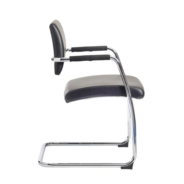 contemporary meeting chair with black leather seat and chrome cantilever frame