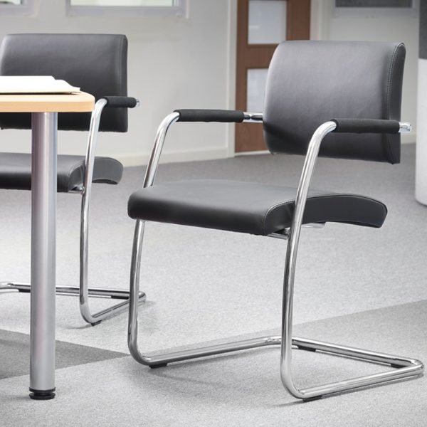 contemporary meeting chair black leather and chrome cantilever frame