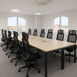 ergonomic office chair with headrest around a meeting table