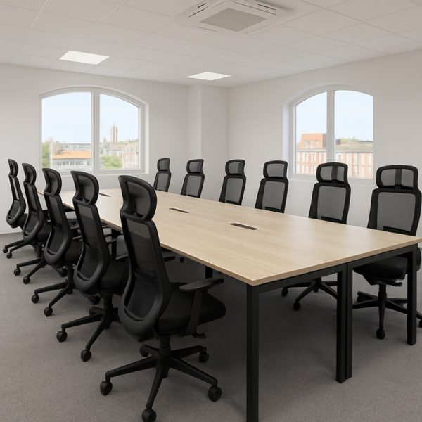 ergonomic office chair with headrest around a meeting table