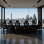 ergonomic office chairs around boardroom table with city view