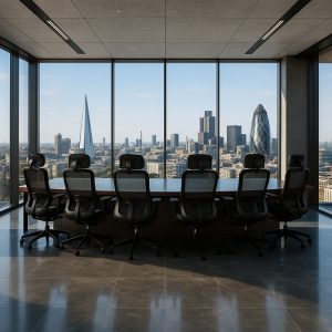 ergonomic office chairs around boardroom table with city view
