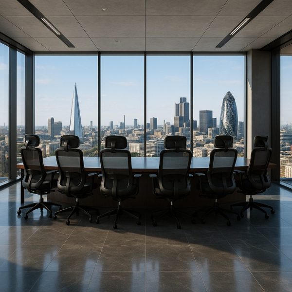 ergonomic office chairs around boardroom table with city view