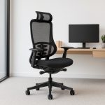 ergonomic office chair black in home office in front of office desk