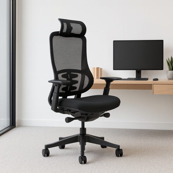 ergonomic office chair black in home office in front of office desk