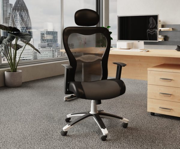 executive mesh office chair in office with city view