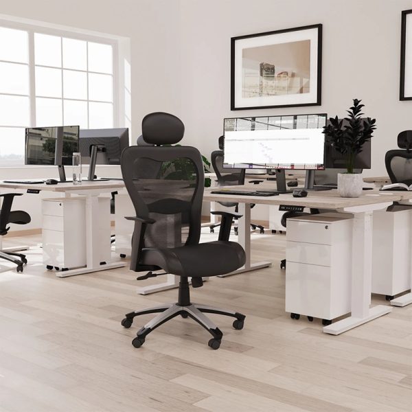 executive office chair black mesh in front of white office desks