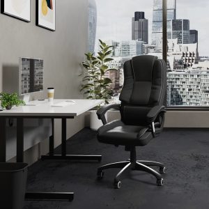 executive office chair black leather in office with city views