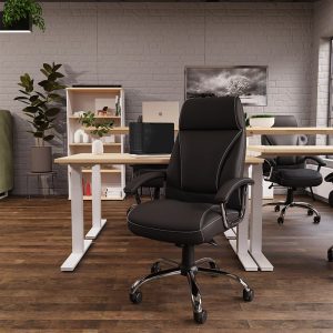 bonded leather office chairs black in front of office desk in office