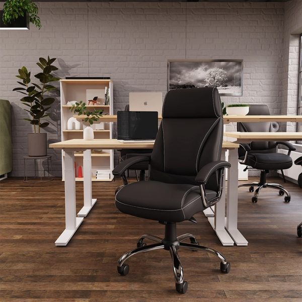 bonded leather office chairs black in front of office desk in office