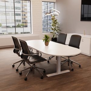 executive office chair in black faux leather around boardroom table in office