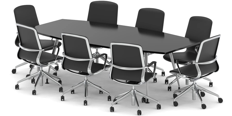 boardroom table set with 8 executive office chairs around it
