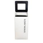 office recycling bin white with black top open.