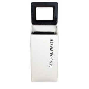 office recycling bin white with black top open.