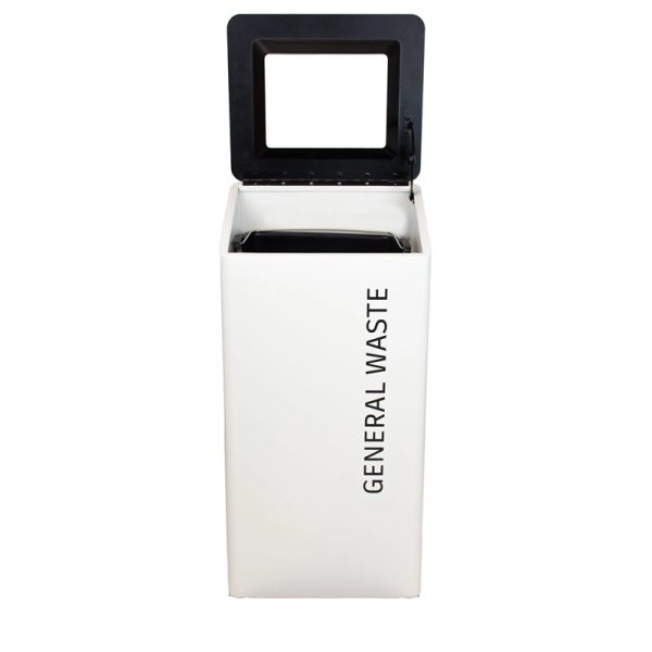 office recycling bin white with black top open.