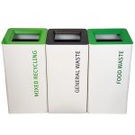 office recycling bins in a row for different waste streams