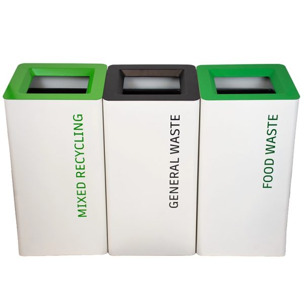 office recycling bins in a row for different waste streams