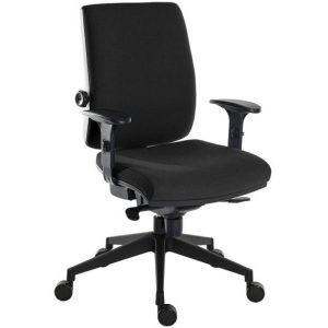 24 hour operator chair in black fabric with arms and black pyramid base