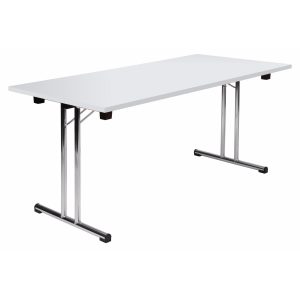 folding meeting table with white table top and chrome leg frame