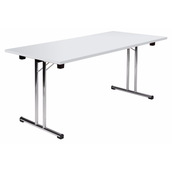 folding meeting table with white table top and chrome leg frame