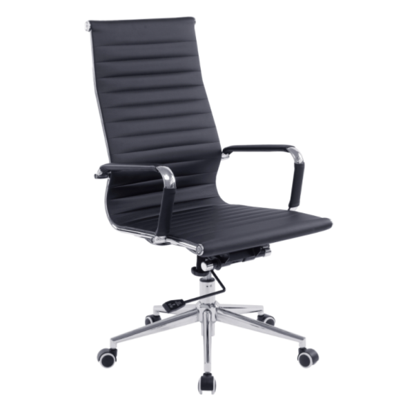 executive high back office chair in black leather and chrome frame