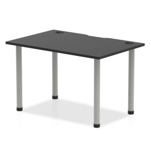 office desk with black desk top and silver legs