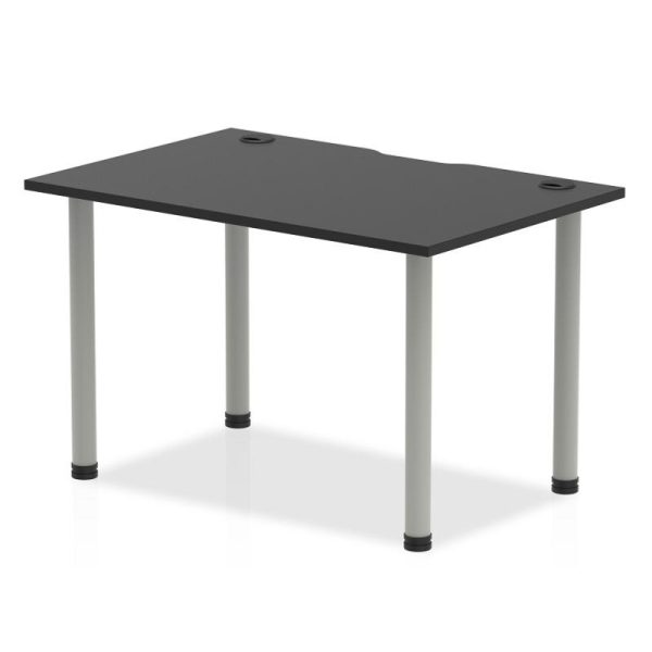 office desk with black desk top and silver legs