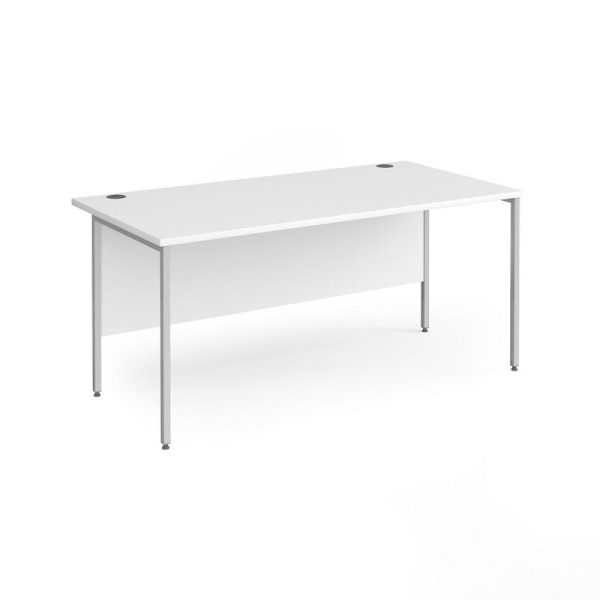 H frame office desk with white desk top and silver frame